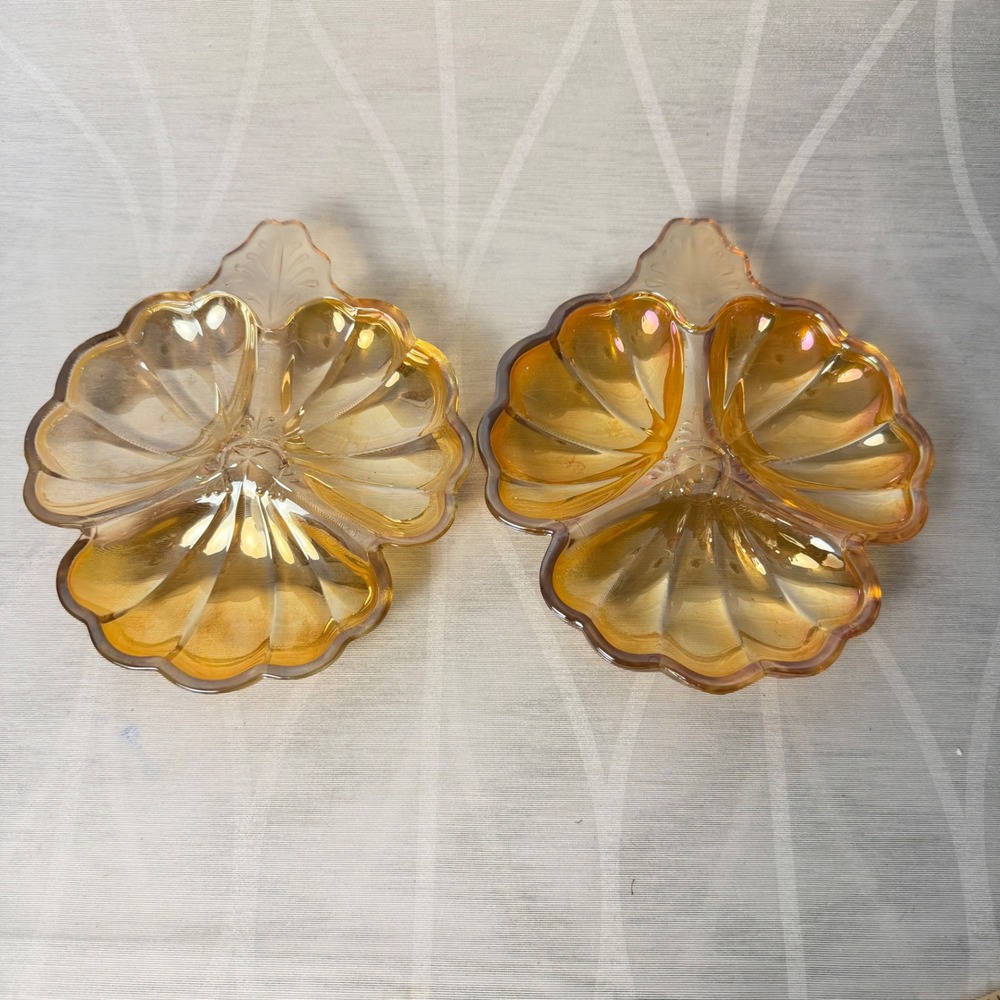 Carnival Glass Jeannette Marigold Iridescent Clover Candy Nut Dish Set of 2